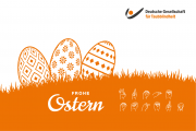 Oster-Grafik mit orangenen Ostereiern und Logo 